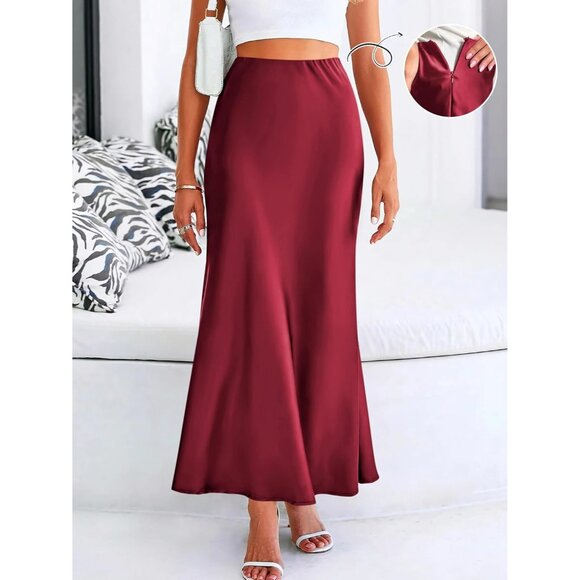 Elegant Satin Maxi Skirt for Women High Waisted Wine Red Silk Fall Dressy Casul - Picture 2 of 7
